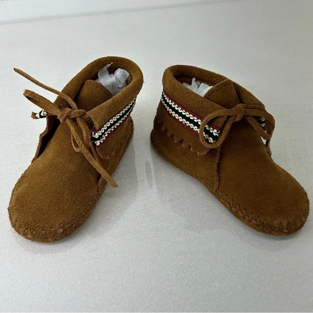 MINNETONKA Moccasins Suede Braid Bootie Brown Infant Size 6 Boots Leather